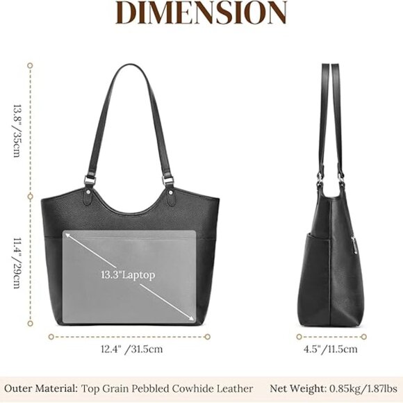 S-ZONE Leather Black Tote Bag for Women - Picture 3 of 7